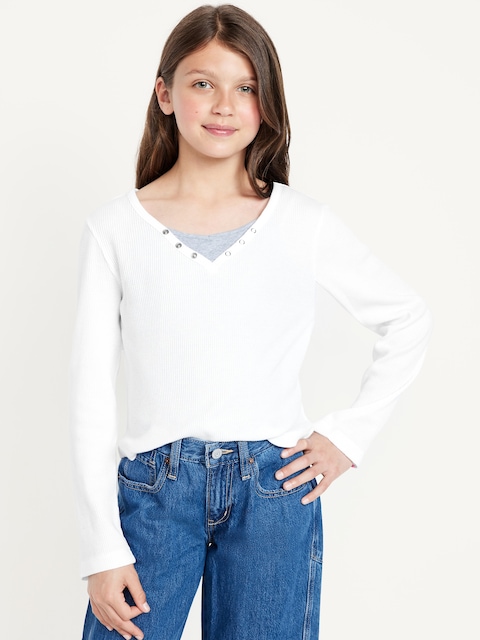 Long-Sleeve 2-In-1 Fitted Henley Top for Girls