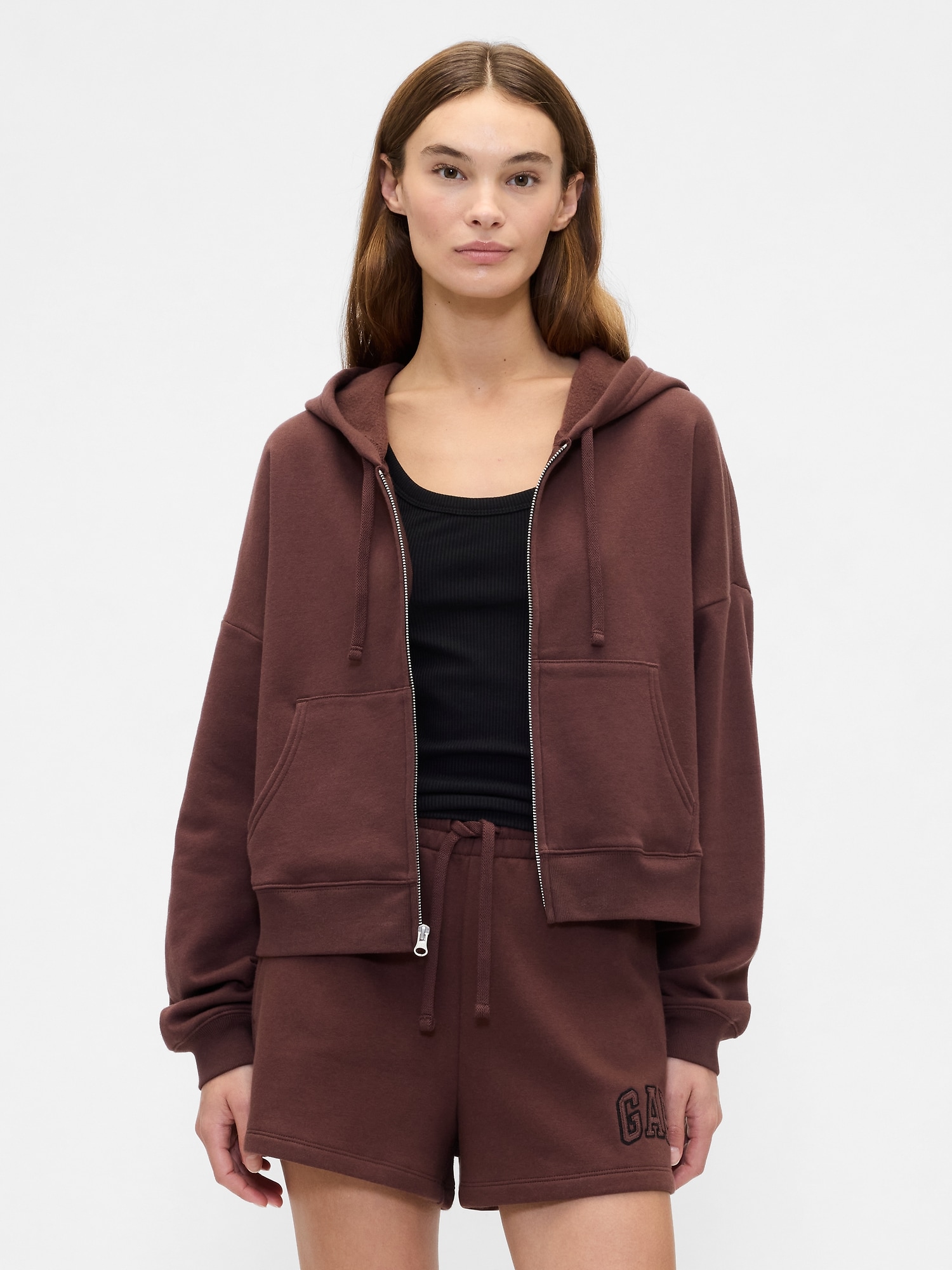 Relaxed Cropped Fleece Zip Hoodie