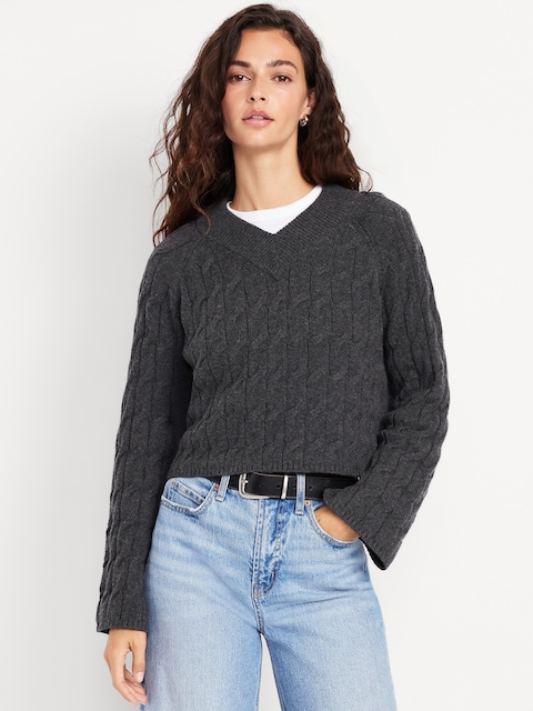 Wool-Blend V-Neck Cable Cropped Sweater