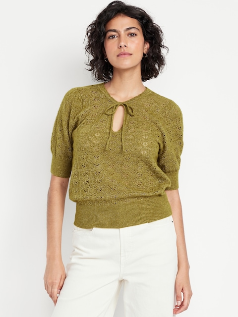 Wool-Blend Puff-Sleeve Tie-Neck Sweater