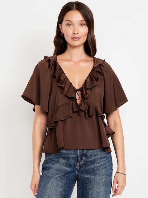 Satin Ruffle Tie-Front Top