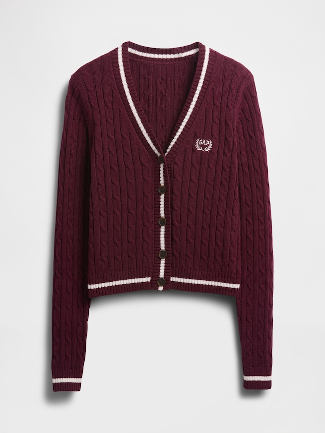 コットン100% ケーブルニット クロップド GAPロゴカーディガン-4