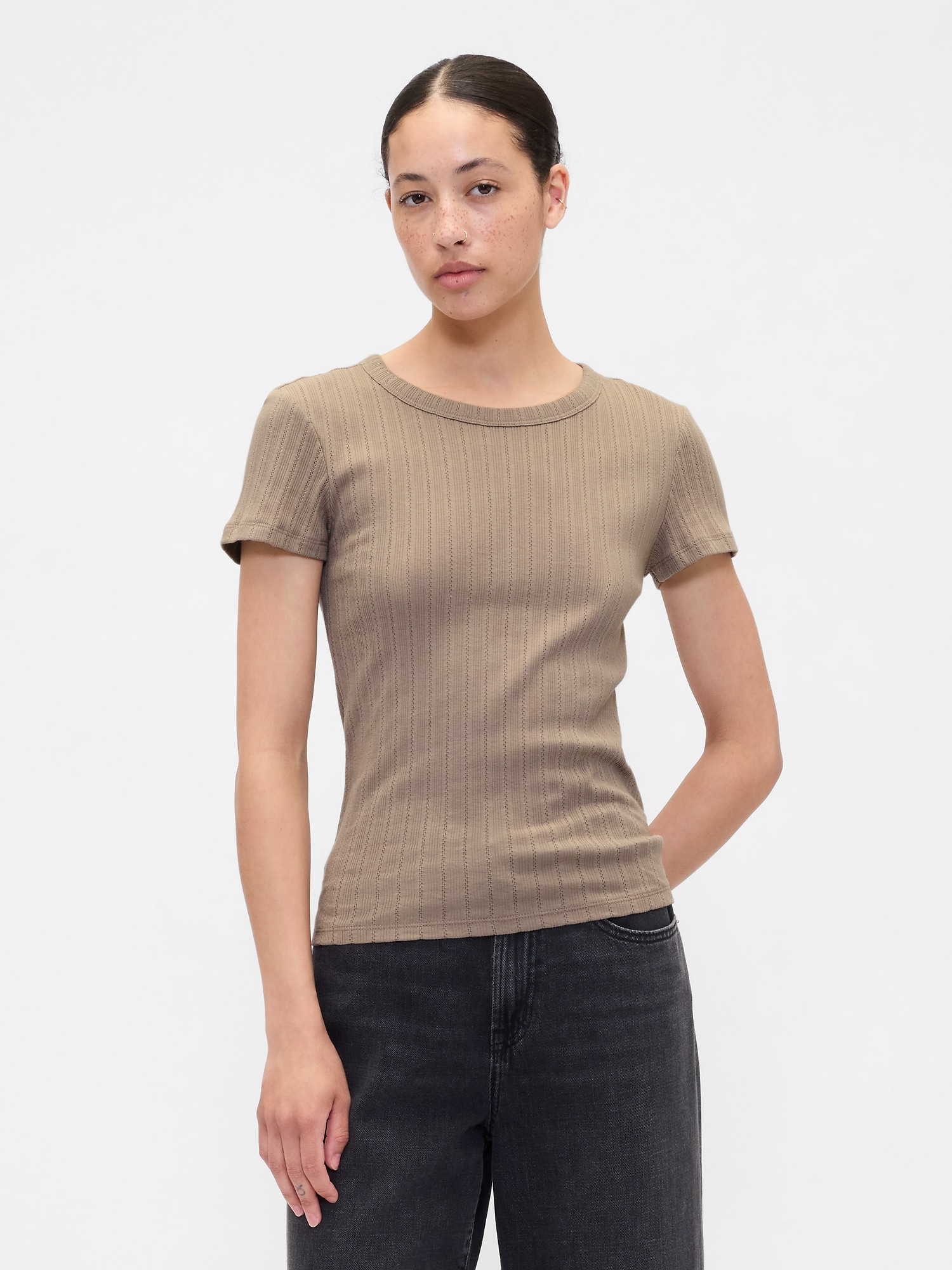 Ribbed Pointelle Crewneck T-Shirt