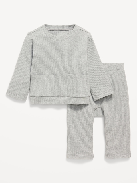 ENSEMBLE DE T-SHIRT CÔTELÉ À POCHE À MANCHES LONGUES ET PANTALON POUR BÉBÉ