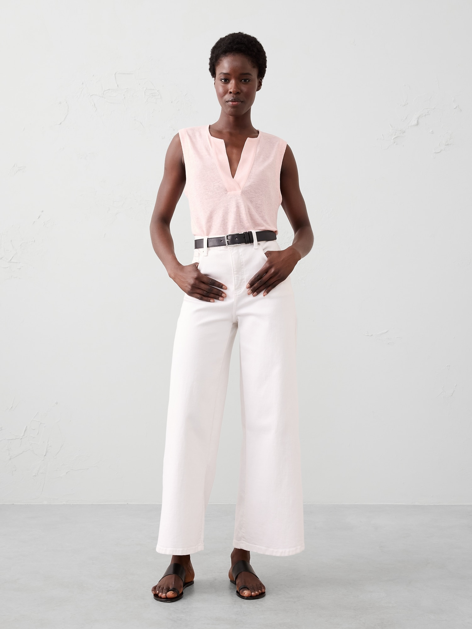 Linen-Blend Split-Neck Tank