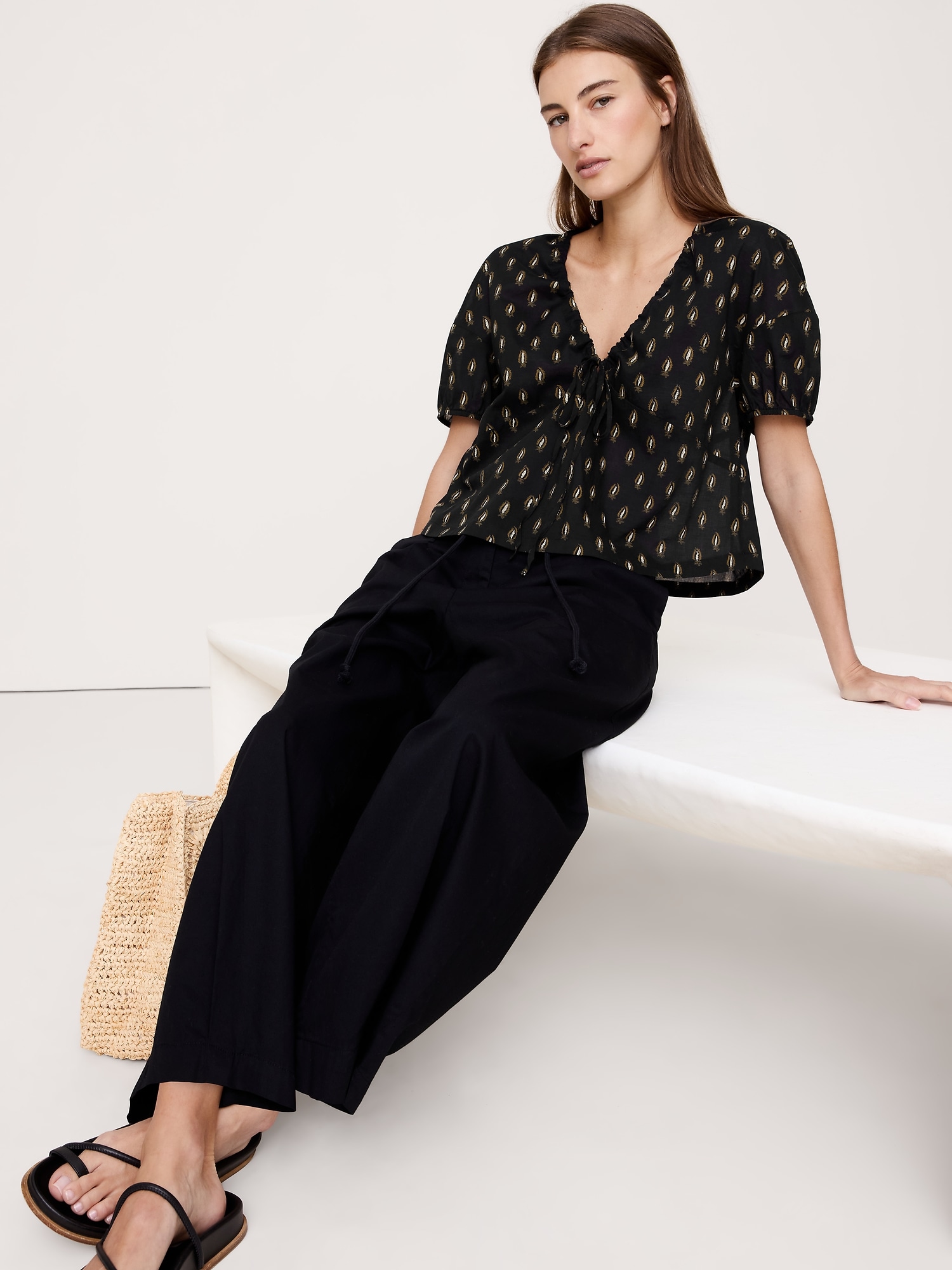 Cotton Tie-Front V-Neck Top