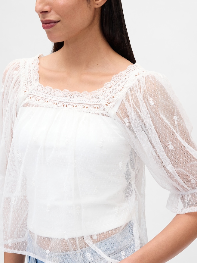 シアー チュール 刺しゅうトップス-3