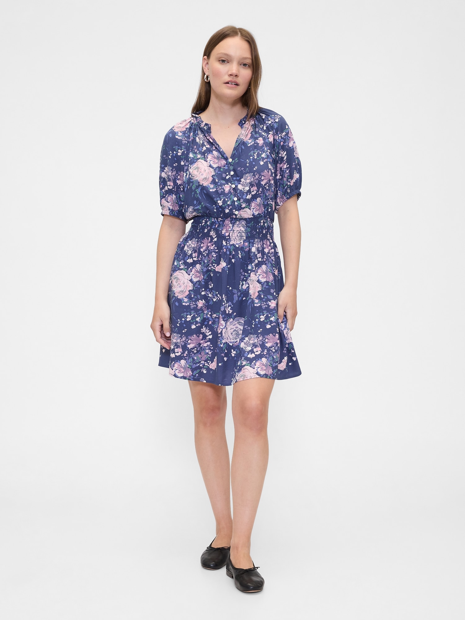 Relaxed Smocked Splitneck Mini Dress
