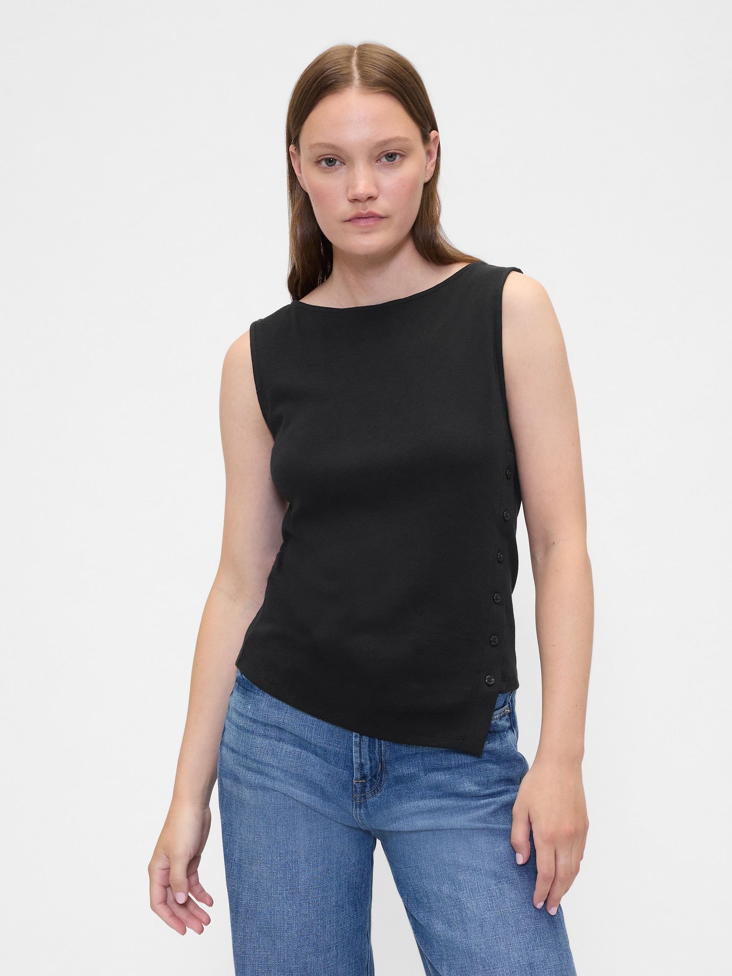 Asymmetrical Boatneck Button Top