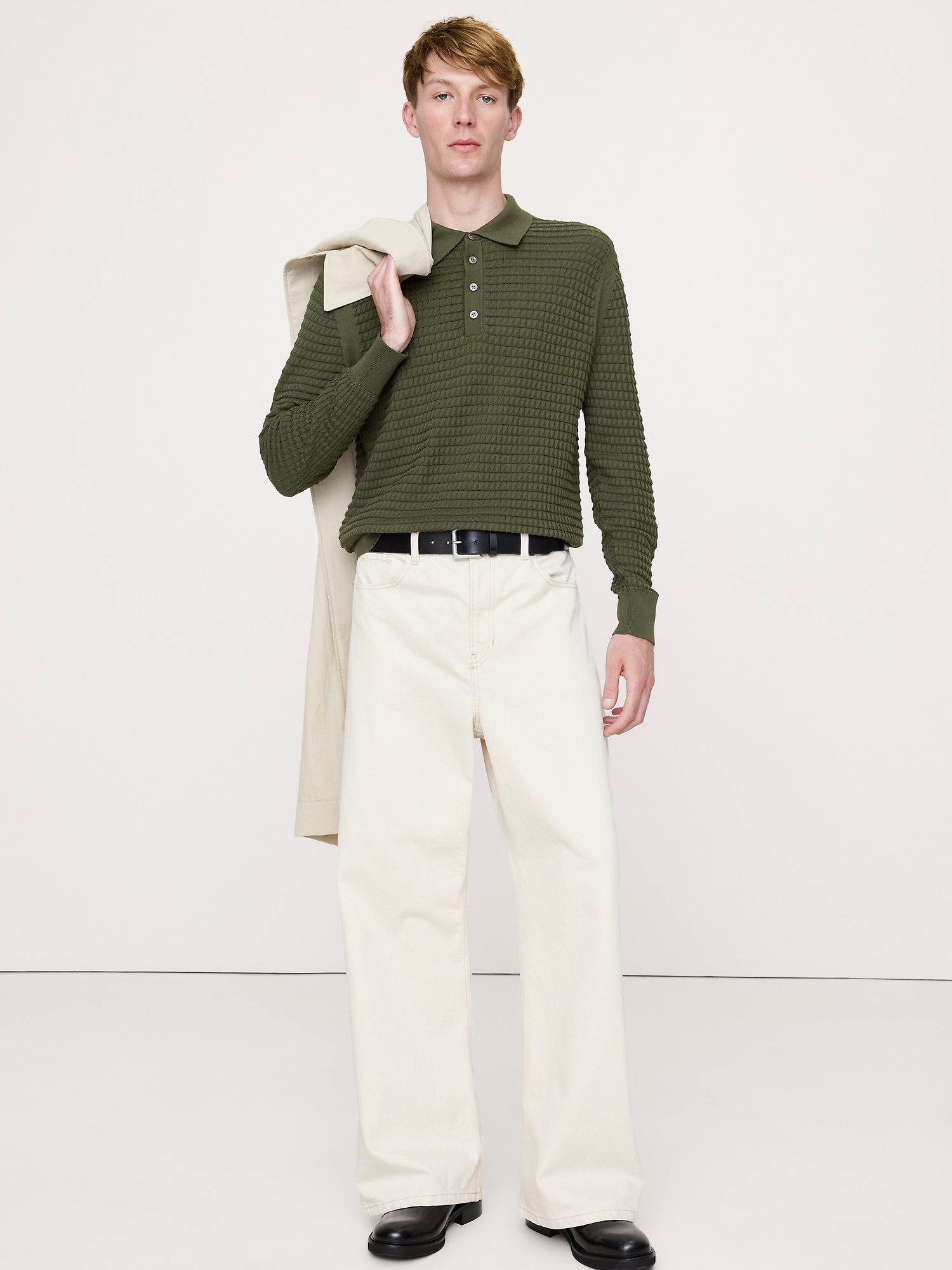 CHANDAIL POLO À MANCHES LONGUES EN COTON TEXTURÉ