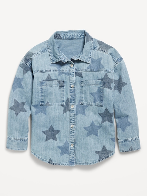 Printed Oversized Pocket Jean Top for Girls
