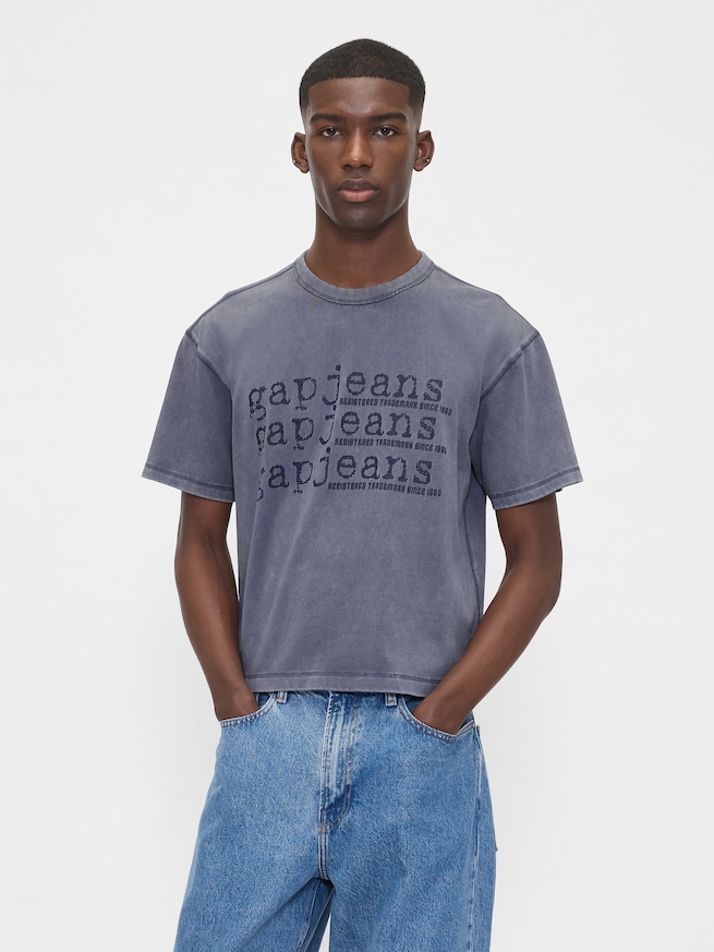 ヘビーウェイト デニム GAPロゴ クロップドTシャツ-0