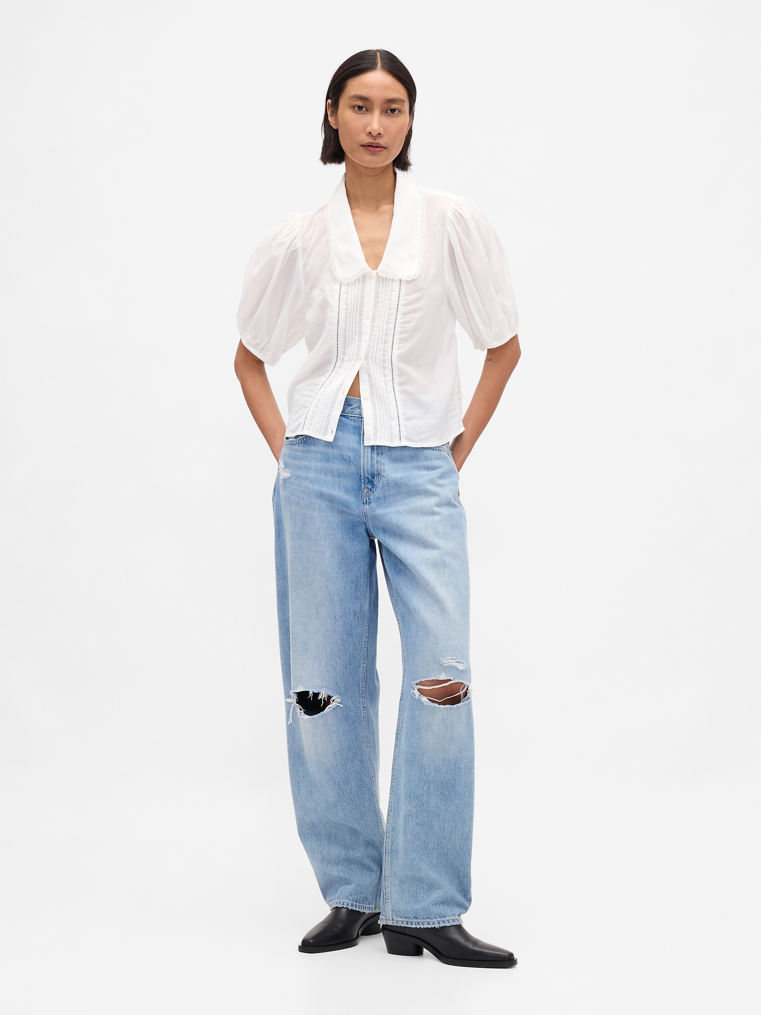 パフスリーブ 襟付きトップス-1