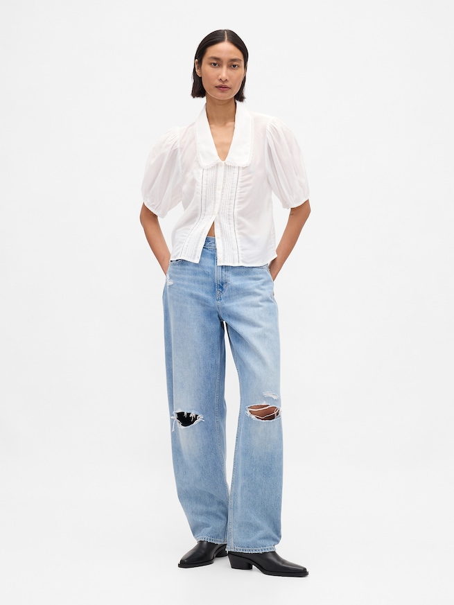 パフスリーブ 襟付きトップス-1