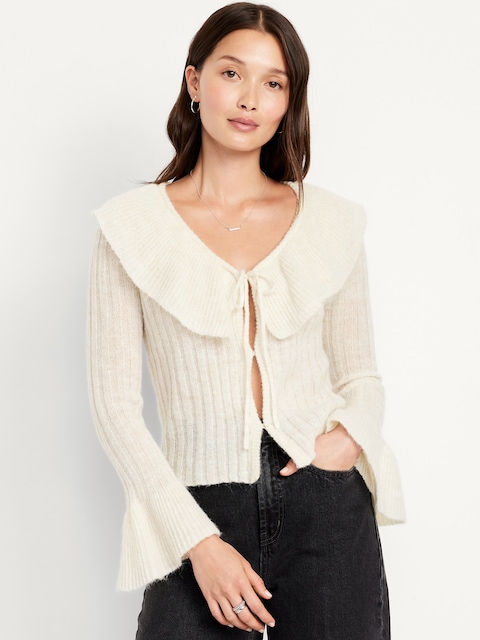 Wool-Blend Ruffle Tie-Front Cropped Cardigan