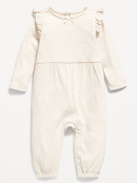 Long-Sleeve Ruffle-Trim Ribbed Jumpsuit for Baby