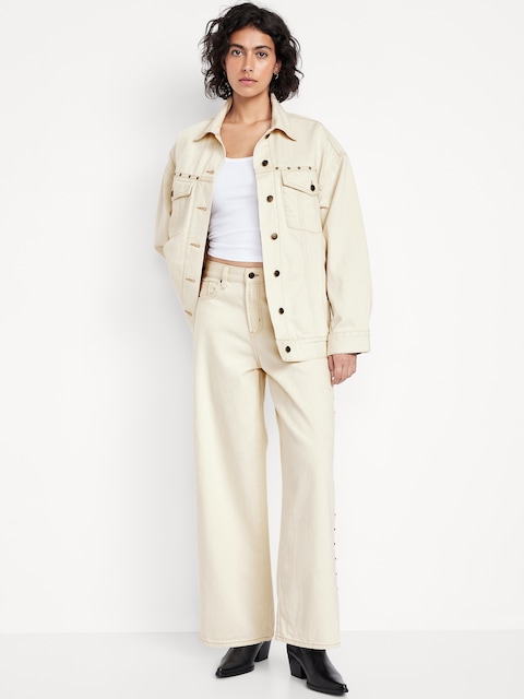 High-Waisted Baggy Wide-Leg Studded Jeans