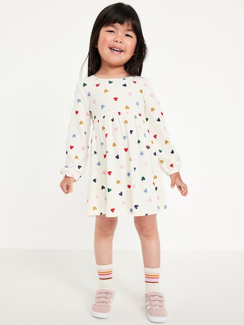 ROBE CÔTELÉE À MOTIF À MANCHES LONGUES POUR TOUTE-PETITE FILLE - Crème Multi