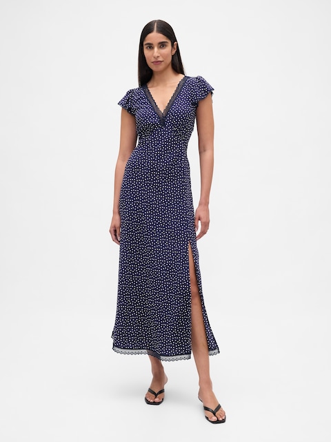 Lace-Trim V-Neck Crepe Maxi Dress