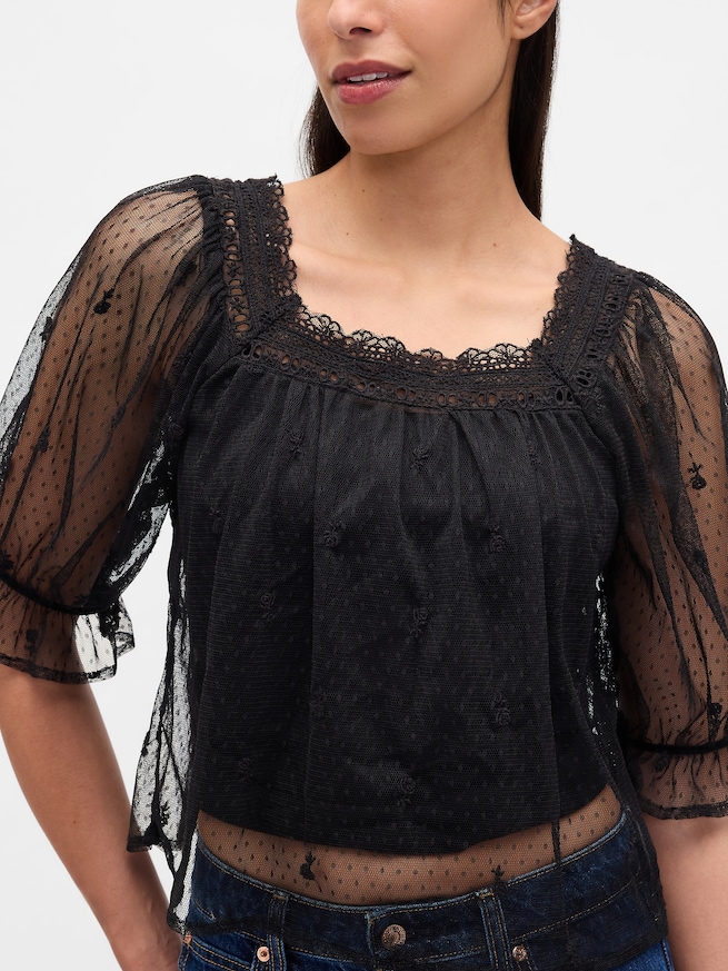 シアー チュール 刺しゅうトップス-3