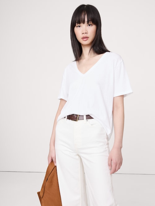 オーバーサイズ コットン シルク VネックTシャツ