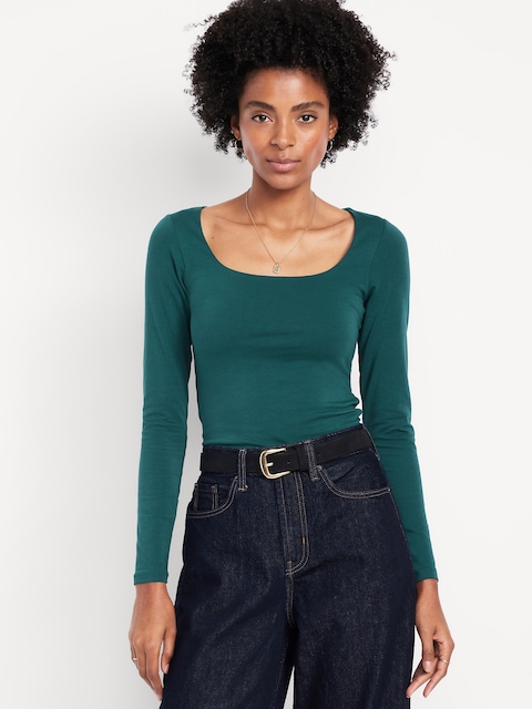 Fitted Double-Layer Scoop-Neck Top