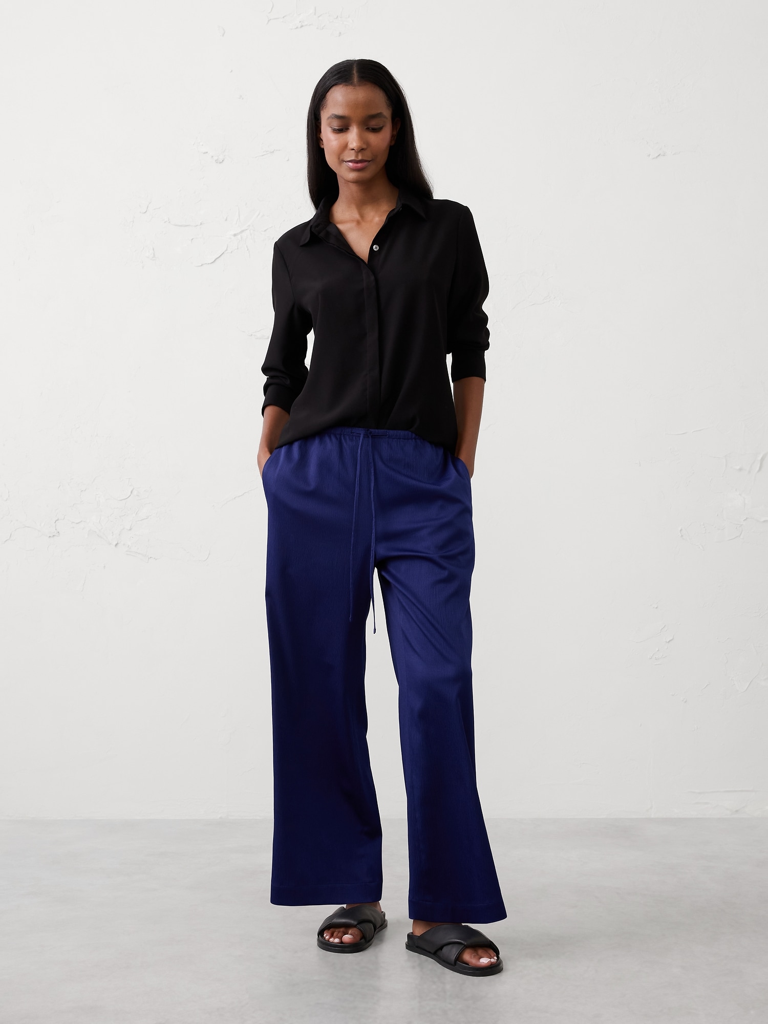 Wide-Leg Crinkled Satin Pull-On Pant