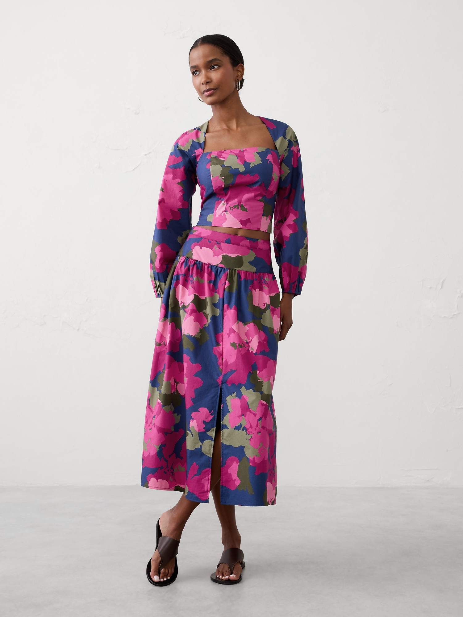 Poplin Dropped-Waist Maxi Skirt