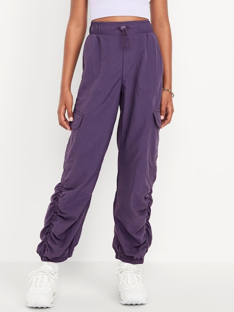 High-Waisted Side Ruched Cargo Parachute Joggers for Girls