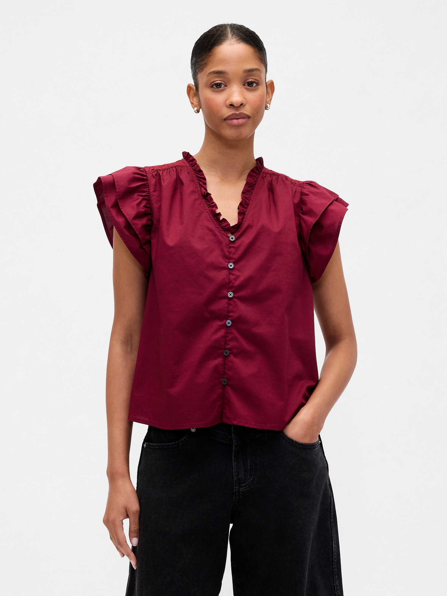 Relaxed Poplin Flutter Sleeve Top