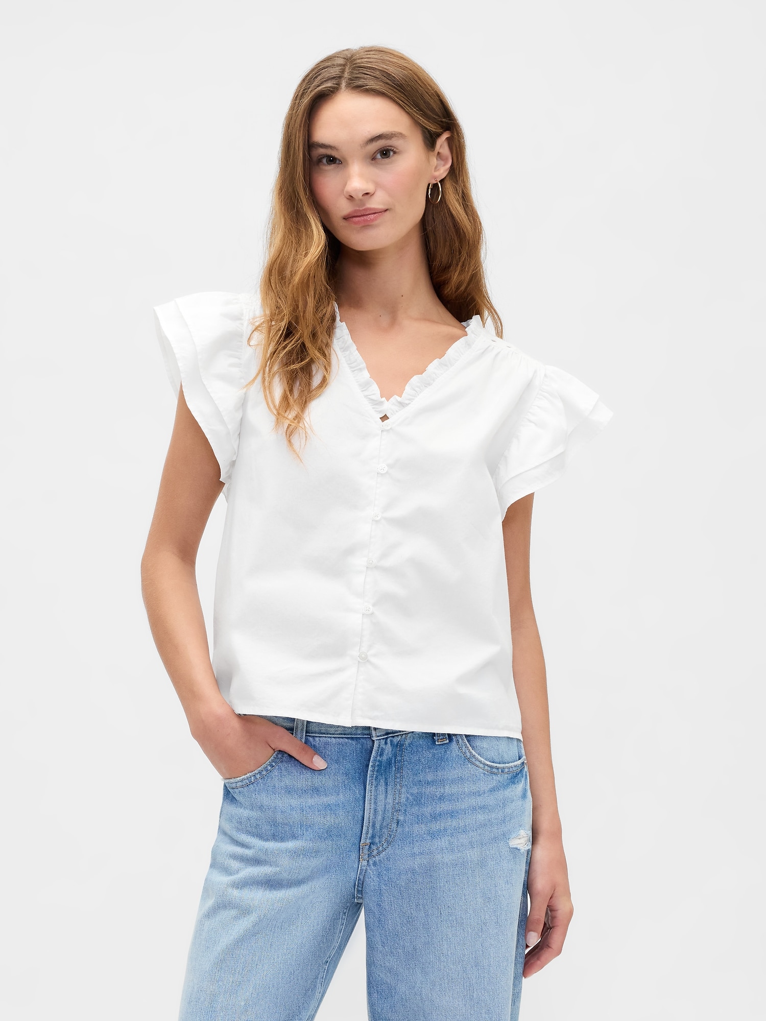 Relaxed Poplin Flutter Sleeve Top