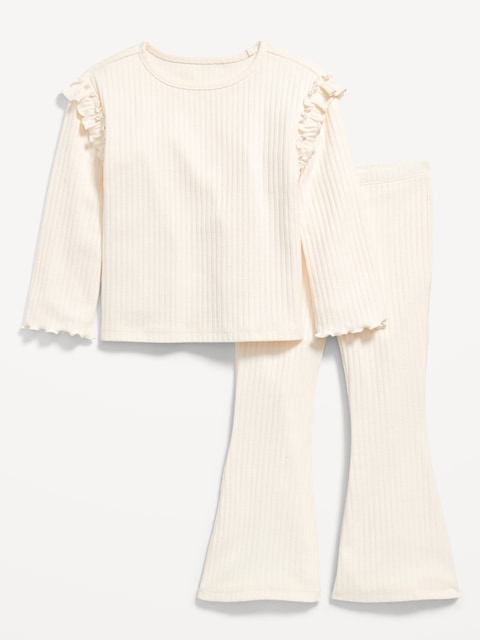 Long-Sleeve Ruffle-Shoulder Top and Flare Leggings Set for Toddler Girls