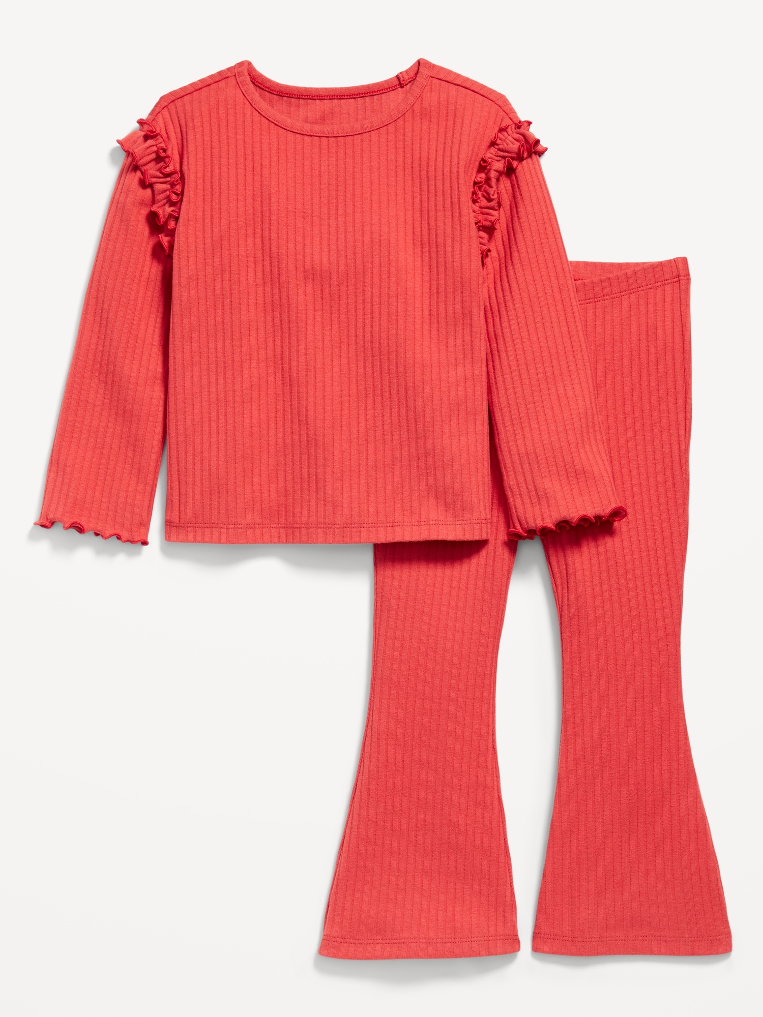 Long-Sleeve Ruffle-Shoulder Top and Flare Leggings Set for Toddler Girls