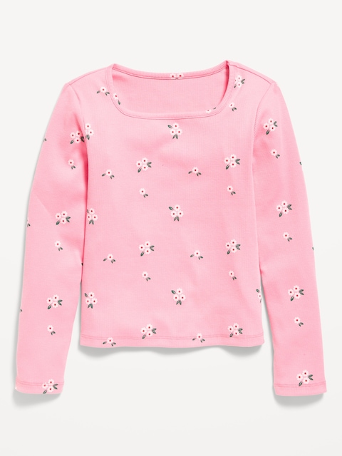 Printed Fitted Long-Sleeve Ribbed Top for Girls