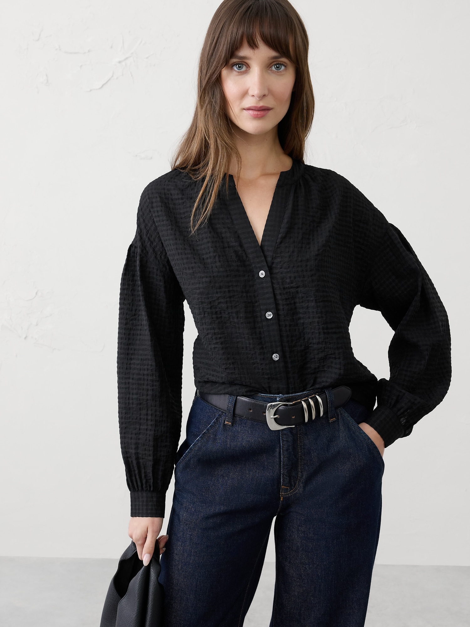Jacquard Puff-Sleeve Top