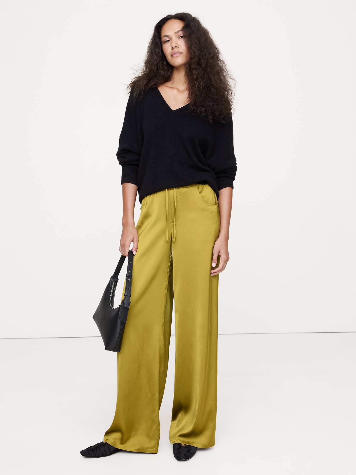 The Studio Wide-Leg Drawstring Pant in Stretch-Satin
