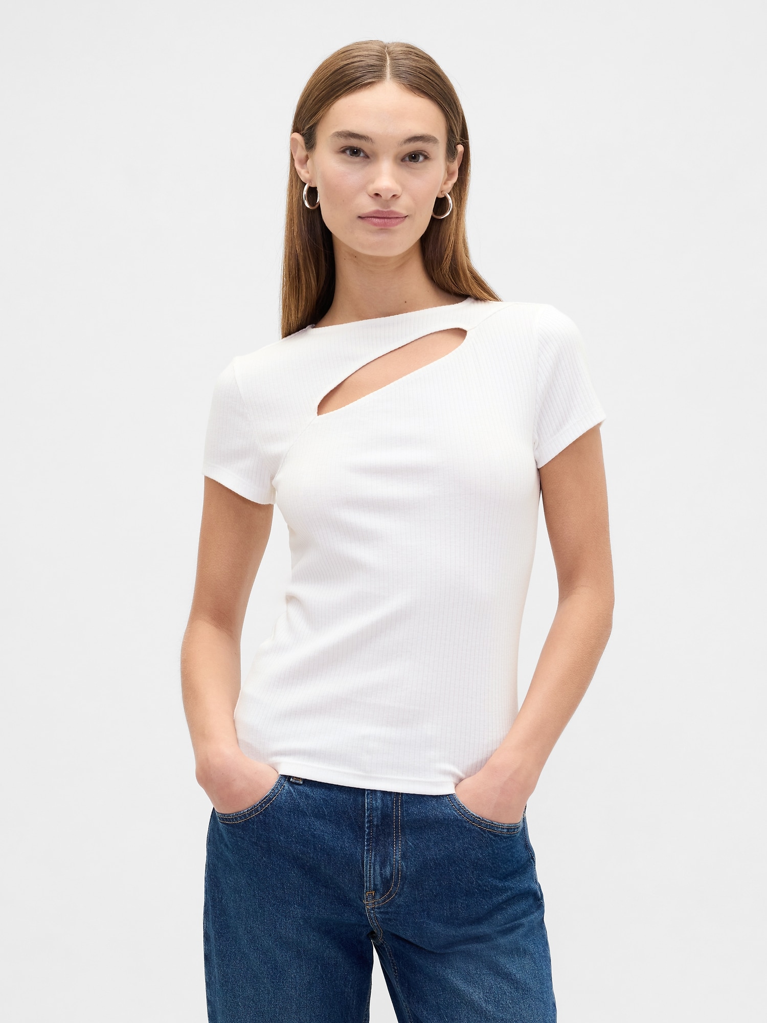 Ribbed Crewneck Cutout Top