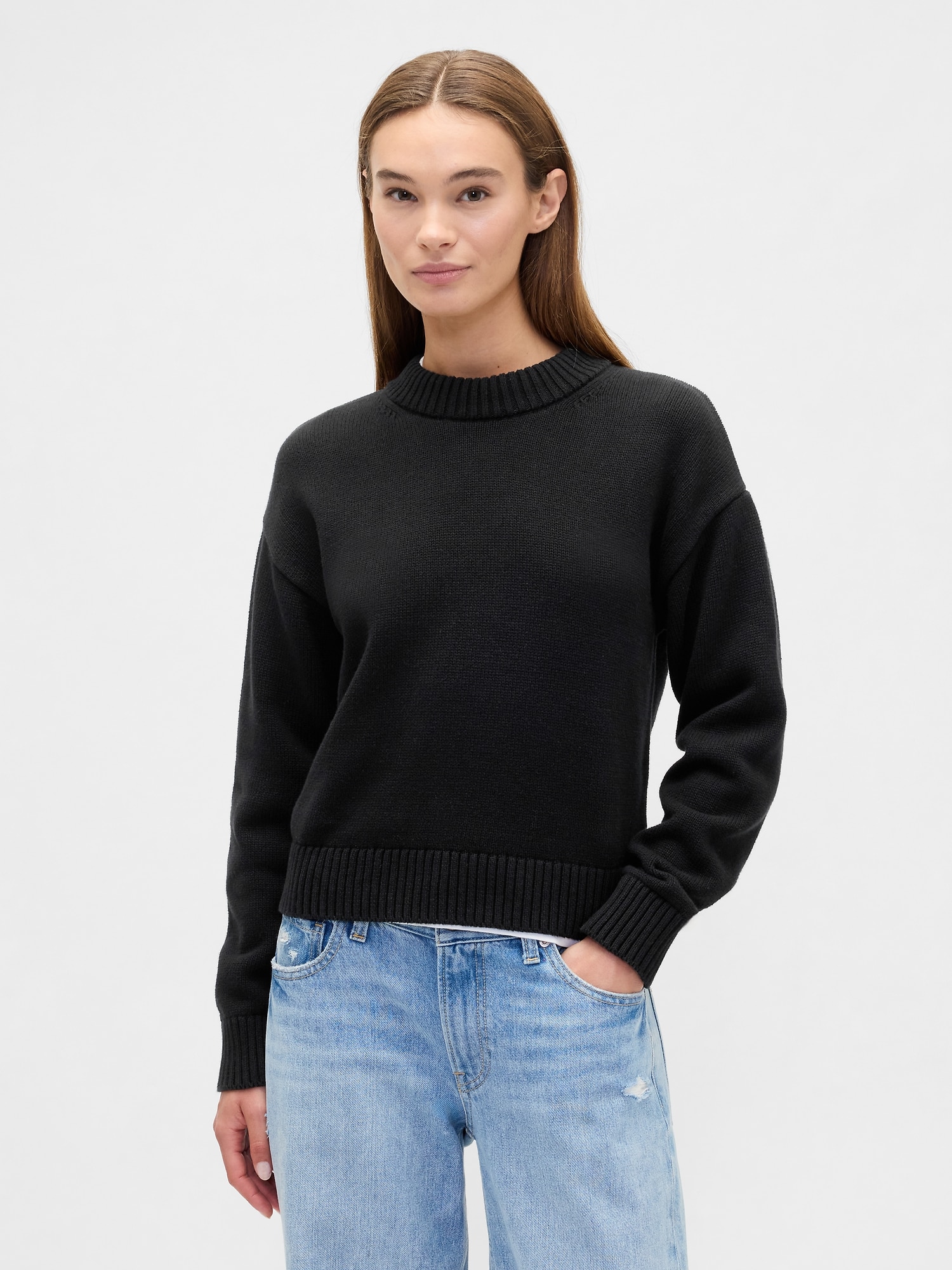 Relaxed Cropped Crewneck Sweater
