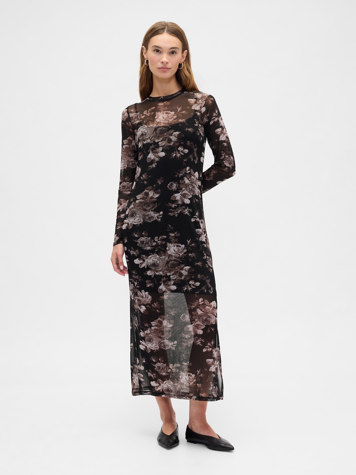 Print Mesh Maxi Dress