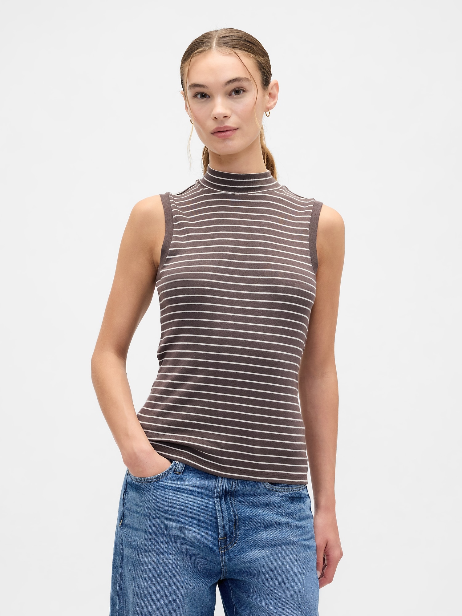 Modern Ribbed Stripe Mockneck Tank Top