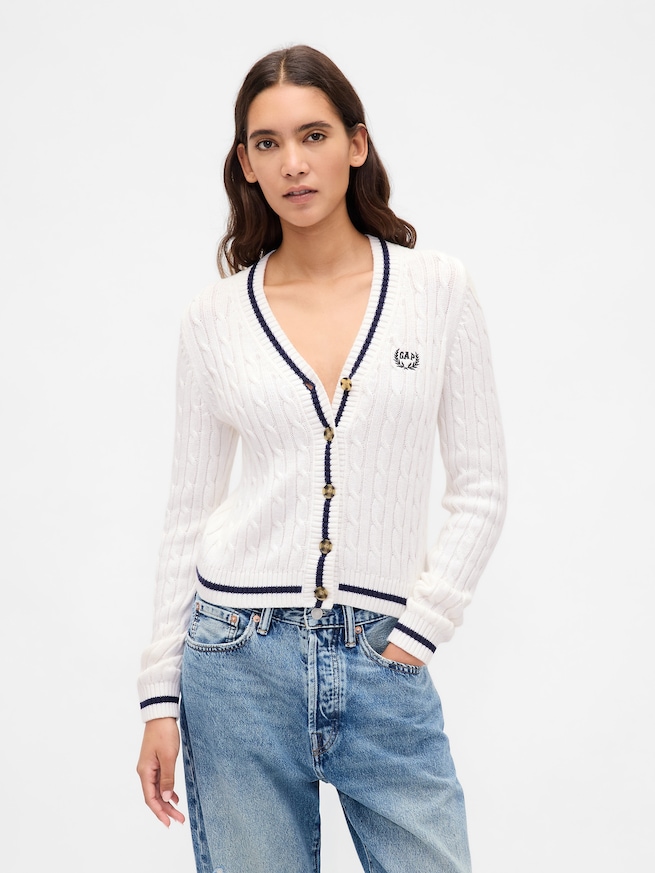 コットン100% ケーブルニット クロップド GAPロゴカーディガン-3