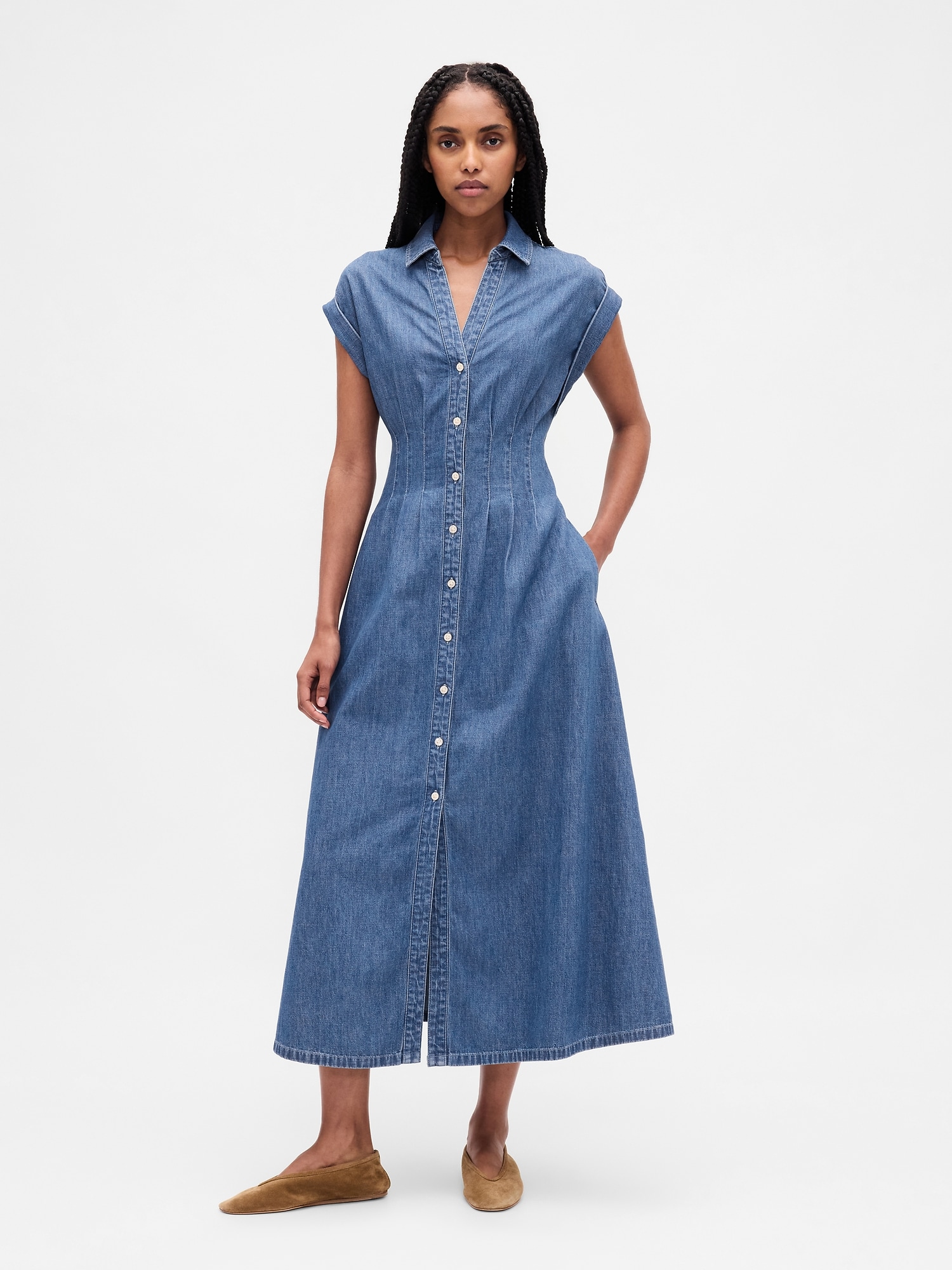 Gap デニム 袖ロールアップ ミディ シャツワンピース Gap デニム 袖ロールアップ ミディ シャツワンピース