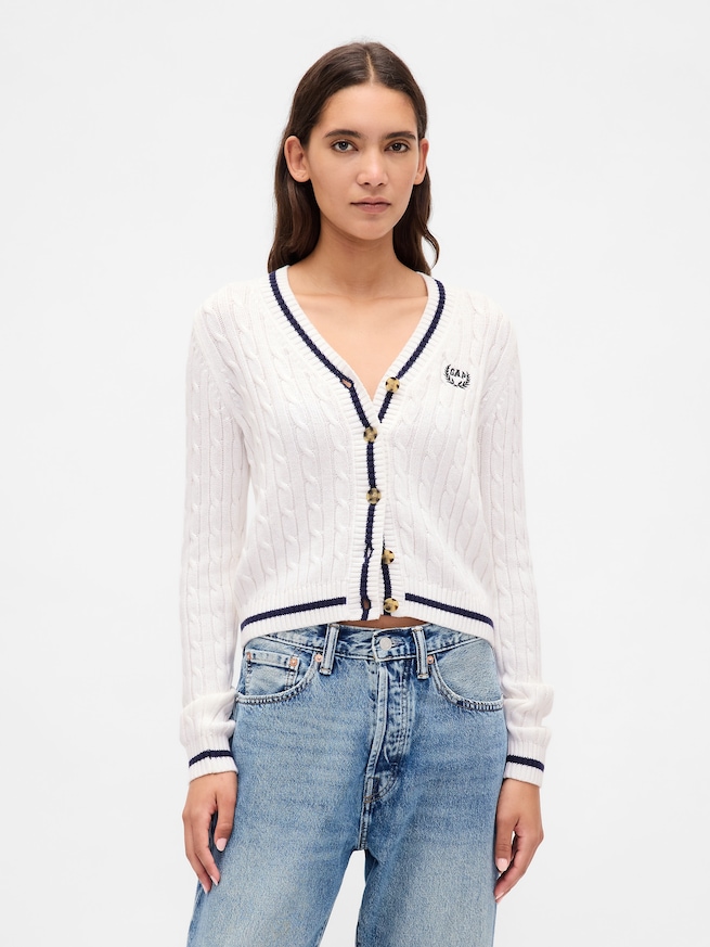 コットン100% ケーブルニット クロップド GAPロゴカーディガン-0
