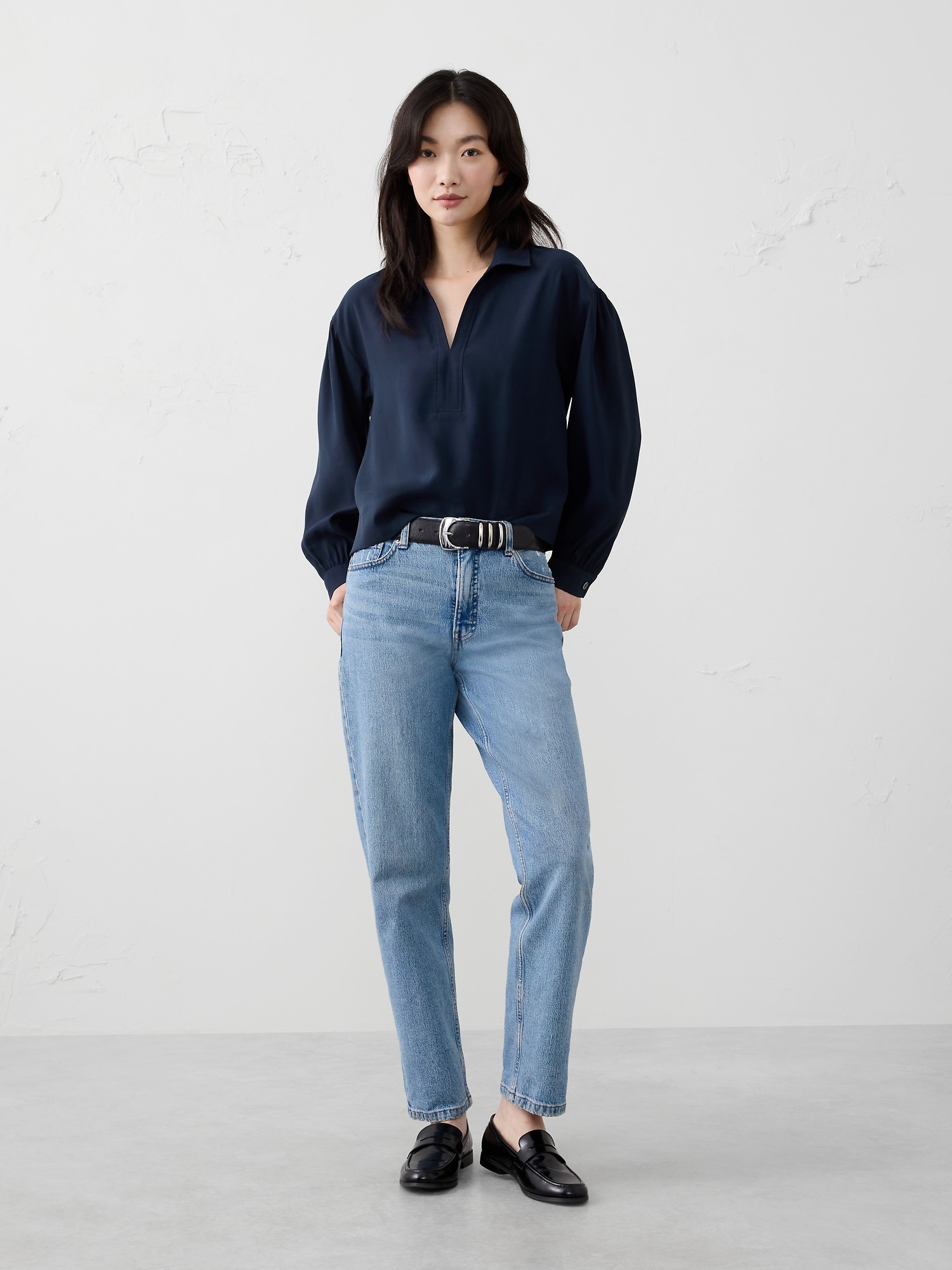 Johnny-Collar Twill Popover Top