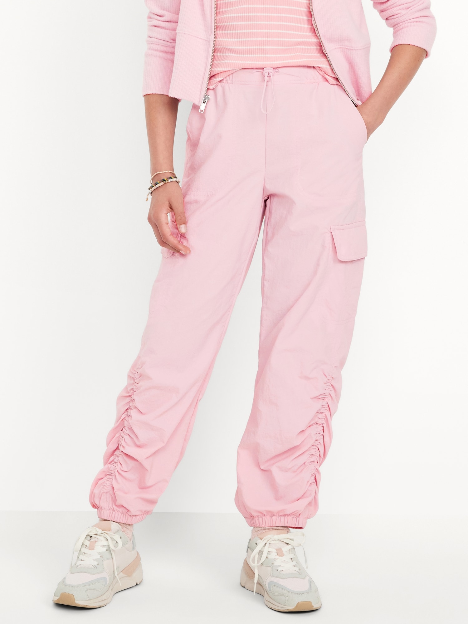 High-Waisted Side Ruched Cargo Parachute Joggers for Girls