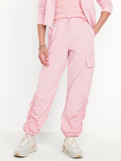 High-Waisted Side Ruched Cargo Parachute Joggers for Girls
