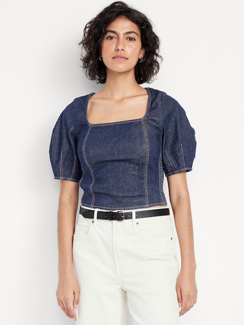 Square-Neck Denim Cropped Top