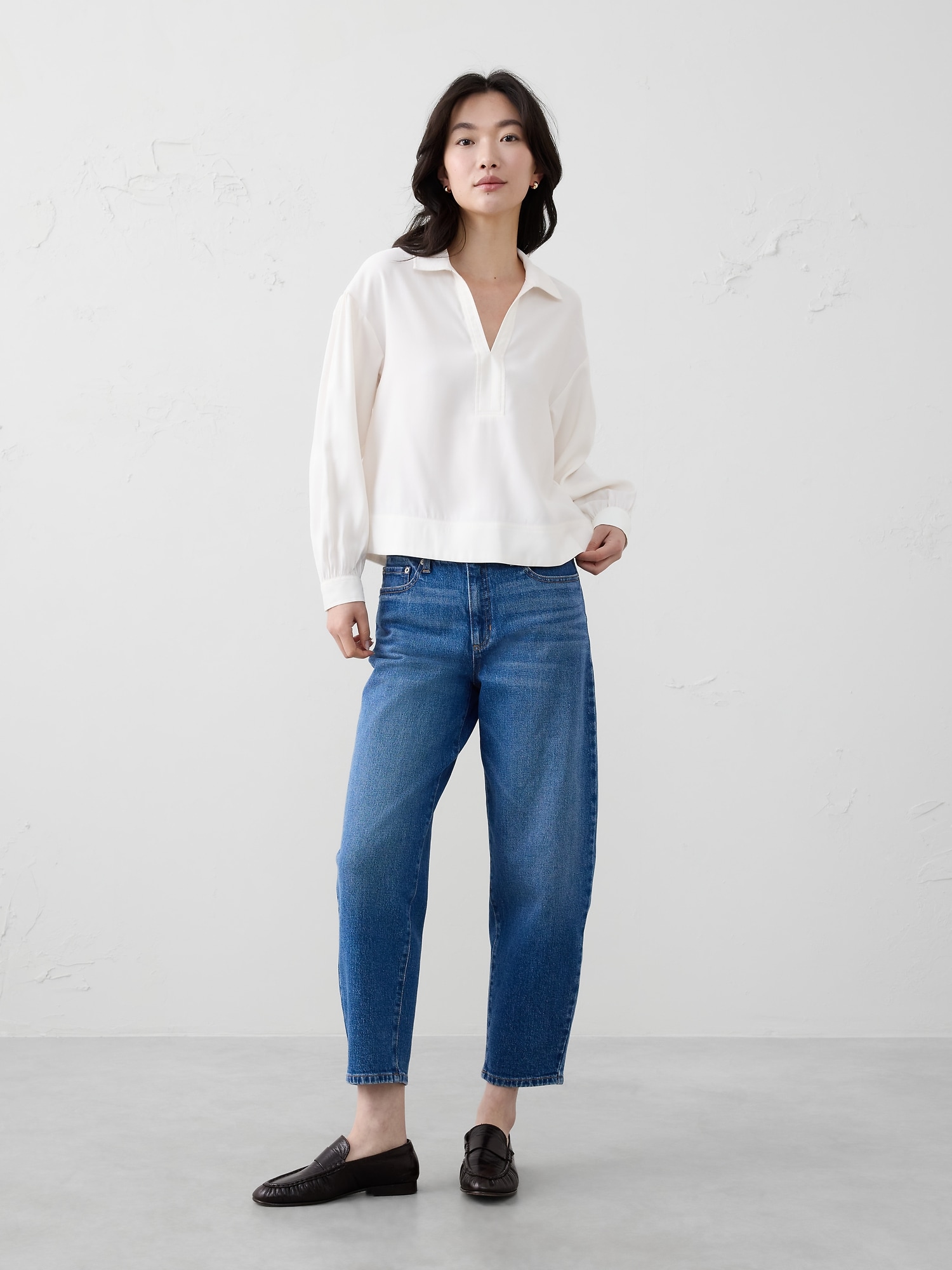Johnny-Collar Twill Popover Top