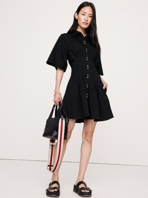 ROBE-CHEMISIER EN POPELINE DE COTON EXTENSIBLE NERVURÉE