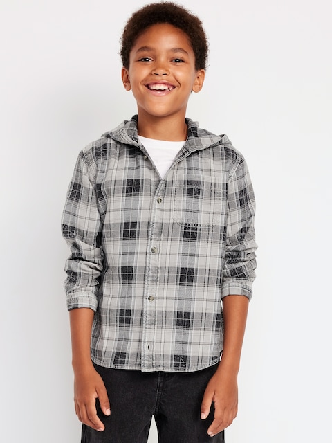 Long-Sleeve Plaid Washed Flannel Hooded Shirt for Boys